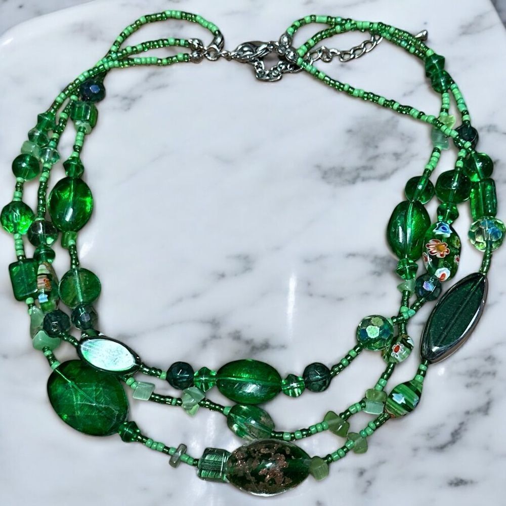 Handmade Triple Strand Glass Beaded Green Necklace with millefiori Beads 16”